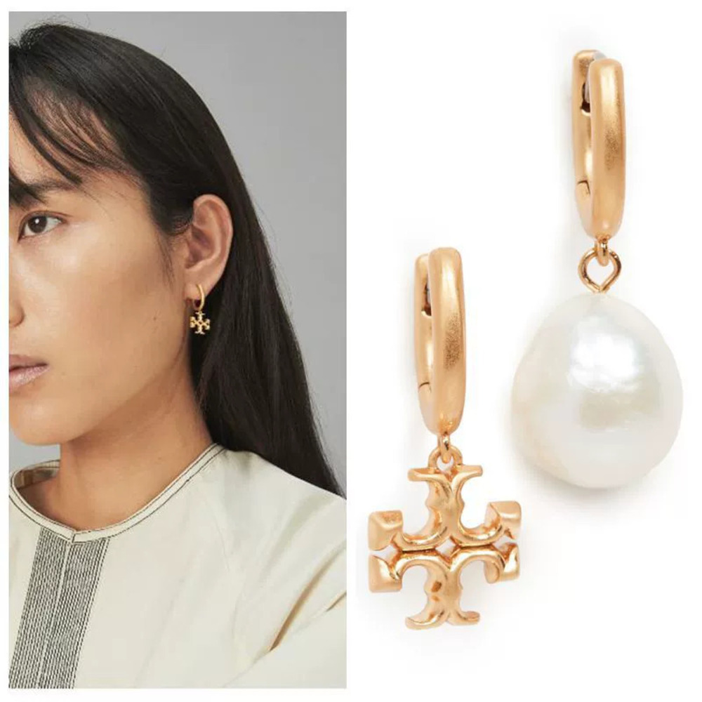 Tory Burch Vintage Gold Freshwater Pearl Asymmetric Double Earrings